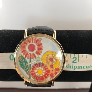 Ladies Geneva floral watch,black faux leather band